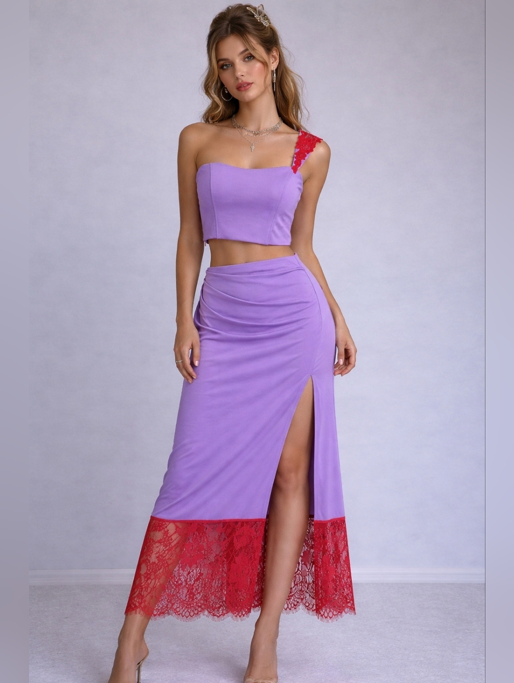 Upcycled Lavender Two Piece Set with Red Lace Trim